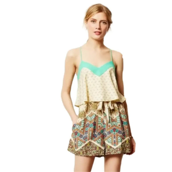 Elevenses Anthropologie Mintaka Print Crisscross Straps  Shorts Romper Pockets 2 - Picture 13 of 14